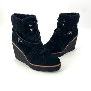COACH Kenna Shearling Suede Black Buckle Leather Wedge Ankle Platform Boot